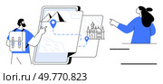 Two people discuss a travel route pointing at a map on a tablet. Ideal for travel planning tourism navigation digital maps location services adventure guiding and outdoor exploration. Simple modern. Digital Adventure Map for Travel Enthusiasts with Direction Queries Concept Illustration. Стоковая иллюстрация, агентство Ingram Publishing / Фотобанк Лори