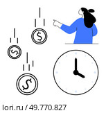 A person pointing at falling dollar coins and a clock. Ideal for financial planning, time management, investment strategies, cost-saving techniques, and business efficiency concepts. Simple modern. Time is Money Concept with Clock and Falling Dollar Coins Illustration. Стоковая иллюстрация, агентство Ingram Publishing / Фотобанк Лори