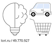 Light bulb represents ideas, car symbolizes movement and travel, shopping cart indicates commerce activities. Ideal for business, innovation, transportation, shopping, and strategy. Minimalist. Simple Creativity and Productivity Concept with Bulb, Car, and Shopping Cart. Стоковая иллюстрация, агентство Ingram Publishing / Фотобанк Лори
