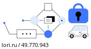 Minimalistic diagram shows interconnected elements including security lock, car, and nodes with data-sharing icons Ideal for technology, cybersecurity, automotive, data integration, and IoT themes. Connected Technology System with Secure Data and Vehicle Integration. Стоковая иллюстрация, агентство Ingram Publishing / Фотобанк Лори