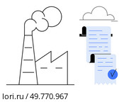 Factory with smokestack and documents connected by cloud. Ideal for industry, environment, data, business, compliance. Simple line-art style. Industrial Factory Icon and Document Visualization, Representing Data and Environmental Concerns. Стоковая иллюстрация, агентство Ingram Publishing / Фотобанк Лори