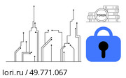 City skyline with circuit design, stack of tokens labelled TOKEN, and blue padlock. Ideal for blockchain, cryptocurrency, digital security, fintech, and technology themes. Minimalistic, modern, clean. Digital Cityscape with Lock and Cryptocurrency Tokens Highlighting Security and Blockchain Technology. Стоковая иллюстрация, агентство Ingram Publishing / Фотобанк Лори
