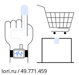 Shopping concept. Smart hand with smartwatch and shopping cart above a delivery box. Ideal for digital health, e-commerce, online shopping, smart technology, and modern retail industries. Minimalist. Digital Health Shopping Integration Concept Featuring Smartwatch and Shopping Cart on White Background. Стоковая иллюстрация, агентство Ingram Publishing / Фотобанк Лори