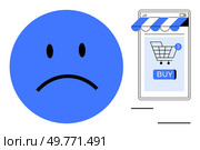 A large sad face on the left and a smartphone with an online shopping cart on the right. Ideal for online shopping, consumer behavior, e-commerce dissatisfaction, mobile app feedback, and digital. Sad Face Next to Smartphone Showing Online Shopping Cart with Buy Button. Стоковая иллюстрация, агентство Ingram Publishing / Фотобанк Лори
