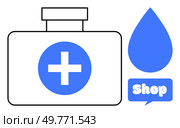 A simple outline of a medical first aid kit with a blue cross, a large blue droplet, and a shop sign. Ideal for healthcare, medical services, emergency preparedness, first aid, and online stores. Medical First Aid Kit with Blue Droplet Design and Shop Sign. Стоковая иллюстрация, агентство Ingram Publishing / Фотобанк Лори