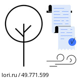 Simplistic style emphasizing environmental conservation featuring a tree, document scroll with a checkmark, and wind symbol. Ideal for nature, compliance, sustainability, ecology, environmental. Environmental Conservation with Compliance Check and Nature Representation. Стоковая иллюстрация, агентство Ingram Publishing / Фотобанк Лори
