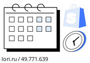 Calendar page with dates marked, clock pointing to a specific time and shopping bag icon Ideal for time management scheduling planning e-commerce appointments retail business Simple modern design. Calendar with Shopping Bag and Clock Representing Scheduling and Time Management. Стоковая иллюстрация, агентство Ingram Publishing / Фотобанк Лори