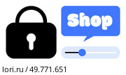 A black padlock representing security is displayed next to a speech bubble with the word Shop and a toggle button. Ideal for e-commerce, online safety, cybersecurity, digital transactions, and web. E-commerce Security and Online Shopping with Lock Symbol and Toggle Button. Стоковая иллюстрация, агентство Ingram Publishing / Фотобанк Лори