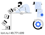 Man stops a stack of blocks labeled risk from falling. Near him, a document with a checkmark and a gear symbol inside a cycle arrow. Ideal for risk management, compliance, business strategy, process. Man Preventing the Fall of Risk Blocks with Compliance and Process Management. Стоковая иллюстрация, агентство Ingram Publishing / Фотобанк Лори