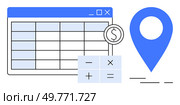 Spreadsheet with rows and columns, location pin, and calculator symbols suggesting financial calculations. Ideal for finance, data analysis, budgeting, navigation, digital tools. Clean, modern. Digital Financial Spreadsheet with Location Pin and Calculator Symbols. Стоковая иллюстрация, агентство Ingram Publishing / Фотобанк Лори
