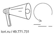Megaphone directing sound into a speech bubble. Ideal for communication, marketing, public speaking, announcements, and social media. Simple yet impactful. Black and white. Line art style. Megaphone Announcing Message with Speech Bubble in Minimalistic Line Art. Стоковая иллюстрация, агентство Ingram Publishing / Фотобанк Лори