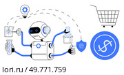 Robot with multiple arms performing tasks like fingerprint scanning and testing in a lab setting with icons of a shopping cart lightbulb and dollar sign. Ideal for technology artificial intelligence. Multifunctional Robot with Multiple Tasks and Elements Related to Shopping Security and Innovation. Стоковая иллюстрация, агентство Ingram Publishing / Фотобанк Лори