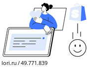 Person interacting with a large tablet holding a heart shape and a shopping bag. Ideal for themes of online shopping, digital transactions, customer satisfaction, e-commerce, and technology. Online Shopping Enthusiast Embracing Digital Experience While Enjoying Online Purchase. Стоковая иллюстрация, агентство Ingram Publishing / Фотобанк Лори