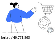 Person pointing towards a shopping cart with gears nearby signifying online shopping, technology, settings, and configuration. Ideal for e-commerce, tech support, online business, digital settings. Person Pointing at Shopping Cart and Gears Highlighting E-commerce and Technology. Стоковая иллюстрация, агентство Ingram Publishing / Фотобанк Лори
