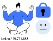 Calm person meditating with hand gestures, security lock symbol, and expressionless face. Ideal for wellness, mindfulness, mental health, security, and emotions. Simple modern style. Calm Meditation and Security Lock Symbol with Expressionless Face in Vector Art. Стоковая иллюстрация, агентство Ingram Publishing / Фотобанк Лори