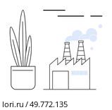 A plant in a pot is placed beside a factory with chimneys emitting smoke. Ideal for themes about environmental impact, sustainable industry, nature vs. industry, eco-friendly practices, and industry. Eco-Friendly Industrial Balance Connectivity Between Nature and Manufacturing. Стоковая иллюстрация, агентство Ingram Publishing / Фотобанк Лори