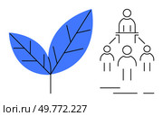 Blue leaf symbol next to a schematic hierarchical structure of people represents the themes of nature, organisation, teamwork, ecology, and leadership. Ideal for ecology, teamwork, natural resources. Blue Leaves and Simple Hierarchical Structure Representing Nature and Team Organization Concept. Стоковая иллюстрация, агентство Ingram Publishing / Фотобанк Лори