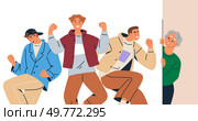 Group of three young people dancing energetically with joy while an older individual watches curiously from the side. Ideal for themes of friendship, celebration, youth, generational differences, and. Young Friends Celebrating While Older Individual Watches From the Side. Стоковая иллюстрация, агентство Ingram Publishing / Фотобанк Лори