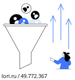 Funnel with abstract people figures filtering through, observed by a person pointing at ascending arrows. Ideal for business, marketing, sales optimization, teamwork, and growth. Minimalist, modern. Funnel with People Filtering into Higher Productivity as a Person Observes and Growth Arrows Point Upwards. Стоковая иллюстрация, агентство Ingram Publishing / Фотобанк Лори