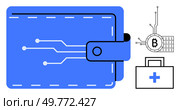 A digital wallet in blue representing online transactions. Connected circuitry leads to a Bitcoin symbol indicating cryptocurrency. A healthcare symbol on a briefcase suggests secure personal data. Digital Wallet with Bitcoin and Healthcare Symbols Combining Finance and Technology. Стоковая иллюстрация, агентство Ingram Publishing / Фотобанк Лори