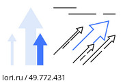Various arrows of different sizes in shades of blue and black pointing upward. Ideal for growth, success, business, progress, and direction themes. Simple and modern style. Multiple arrows pointing upward symbolizing growth, progression, and forward movement. Стоковая иллюстрация, агентство Ingram Publishing / Фотобанк Лори