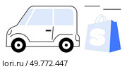 Simple drawing of a small car and a large shopping bag. Ideal for urban deliveries, eco-friendly transportation, e-commerce, online shopping, and logistics. Minimalist vector style. Small Car and Shopping Bag Representing Eco-Friendly Urban Deliveries. Стоковая иллюстрация, агентство Ingram Publishing / Фотобанк Лори