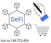 Decentralized finance with blockchain network, a hand holding a pen, and shopping cart concept in simple line art style. Ideal for finance, cryptocurrency, e-commerce, smart contracts, digital. Decentralized Finance Concept with Blockchain Network Diagram and Hand Writing Contract. Стоковая иллюстрация, агентство Ingram Publishing / Фотобанк Лори