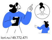 A person wearing a headset and holding a clipboard is pointing upwards. Another smaller person in the background points at a portrait in a circle. Ideal for communication, customer service, support. Customer Service Representative with Headset and Clipboard Making a Point. Стоковая иллюстрация, агентство Ingram Publishing / Фотобанк Лори