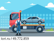 A vector illustration of Tow Truck Driver Transporting a Car . Стоковая иллюстрация, агентство Ingram Publishing / Фотобанк Лори