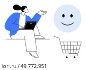 Person sitting with laptop gesturing towards a smiling face and shopping cart. Ideal for e-commerce, online shopping, customer satisfaction, digital retail, and user experience themes. Simple vector. Online Shopping Concept with Happy Customer and Shopping Cart. Стоковая иллюстрация, агентство Ingram Publishing / Фотобанк Лори