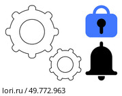 Two gears a bell and a locked padlock icon. Ideal for technology security notifications app settings system preferences user interface automation. Modern minimalist vector style. Gears Bell and Lock Icons Representing Settings Security and Notifications. Стоковая иллюстрация, агентство Ingram Publishing / Фотобанк Лори