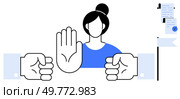 Central figure of a woman raising hand for stop signal with fists on either side juxtaposed with contractual documents Ideal for conflict resolution, mediation, agreement, negotiation, and legal. Woman Mediator Gesturing Stop Hand Signal Between Fists with Contract and Pen in Background. Стоковая иллюстрация, агентство Ingram Publishing / Фотобанк Лори