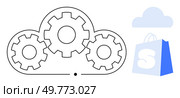 Gears integrated within a cloud symbol, alongside a blue shopping bag and a cloud icon. Ideal for e-commerce, cloud computing, technology integration, online shopping, and digital solutions. Cloud Technology Integration with E-commerce Gears and Shopping Bag with Cloud Icon. Стоковая иллюстрация, агентство Ingram Publishing / Фотобанк Лори