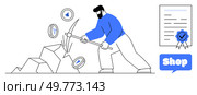 Person uses pickaxe to extract cryptocurrency from rocks, earning coins with Telegram symbol. Certificate and Shop bubble suggest validation and purchases. Ideal for digital currency, e-commerce. Person Mining Cryptocurrency With Pickaxe While Shopping and Receiving Certificate. Стоковая иллюстрация, агентство Ingram Publishing / Фотобанк Лори