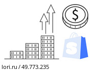 Three ascending bars symbolize growth, upward arrows indicate progress, a dollar coin represents finance, and a shopping bag reflects e-commerce. Ideal for business, finance, growth, investment. Economic Growth with Market Trends in Business and E-commerce. Стоковая иллюстрация, агентство Ingram Publishing / Фотобанк Лори