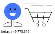 Simplified image of a blue smiling face next to a rapidly moving shopping cart. Ideal for themes like online shopping, e-commerce, customer satisfaction, retail, and happiness. Flat modern style. Simplified Shopping Happiness Blue Smiling Face with Rapid Shopping Cart. Стоковая иллюстрация, агентство Ingram Publishing / Фотобанк Лори