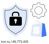 Shield with a lock represents security. Gear symbolizes settings or configurations. Shopping bag signifies e-commerce. Ideal for online security, e-commerce, cybersecurity, privacy, and settings. Shield with Lock, Gear, and Shopping Bag Icons Highlighting E-Commerce Security and Protection. Стоковая иллюстрация, агентство Ingram Publishing / Фотобанк Лори