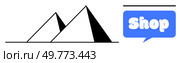 Black and white pyramids with a blue speech bubble labeled Shop. Ideal for logo design, branding, advertisements, ecommerce, and retail themes. Minimalist style. Simplistic Pyramid Shapes with Blue Speech Bubble and Shop Label. Стоковая иллюстрация, агентство Ingram Publishing / Фотобанк Лори