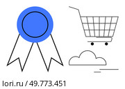 Blue ribbon with two tails next to a shopping cart and a cloud. Ideal for ecommerce websites, online shopping, quality assurance, customer satisfaction, and digital marketplaces. Minimal and clean. Shopping Cart with Ribbon Highlighting Online Store Quality Certification in Minimalist Design. Стоковая иллюстрация, агентство Ingram Publishing / Фотобанк Лори