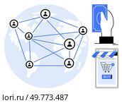 Globe connected by lines and user icons, hand holding currency, and a smartphone with a shopping cart showing buy button. Ideal for e-commerce, digital transactions, global trade, online shopping. Global Network of Digital Transactions and E-commerce Connections Across the World. Стоковая иллюстрация, агентство Ingram Publishing / Фотобанк Лори