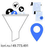 Funnel filters diverse user profiles with a checklist and location pin beside it. Ideal for data processing data management user filtering smart organization accurate tracking and analysis. Efficient Data Filtering Process with Checklists and Location Pin for Better Accuracy. Стоковая иллюстрация, агентство Ingram Publishing / Фотобанк Лори