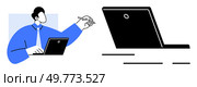 A professional in blue attire is using a stylus pen with a laptop. Ideal for remote work, online meetings, digital collaboration, technology use, professional environments. Simple and clean style. Business Professional Working on Laptop with Stylus Pen for Online Tasks and Communication. Стоковая иллюстрация, агентство Ingram Publishing / Фотобанк Лори