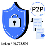 A blue shield with a lock symbol and a P2P icon next to a receipt. Ideal for data security, online payments, privacy protection, financial transactions, and encryption. Minimalist vector art. Data Security and Peer-to-Peer Payment Protection with Shield and Lock Symbol. Стоковая иллюстрация, агентство Ingram Publishing / Фотобанк Лори