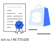 Document with a blue ribbon beside a blue shopping bag on a white background Ideal for themes like certification, online shopping, e-commerce, business, and retail Minimalist vector style. Certificate with Blue Ribbon and Shopping Bag Ideal for Online Retail and E-commerce Themes. Стоковая иллюстрация, агентство Ingram Publishing / Фотобанк Лори
