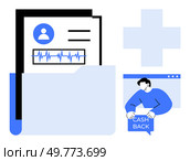 A file folder with a medical record icon and ECG line, cash back message held by a person, and a cross symbol. Ideal for healthcare, finance, cash back, medical record management, minimalist design. Medical Records with Cash Back Incentive and Cross Symbol in Blue and White Minimalist Design. Стоковая иллюстрация, агентство Ingram Publishing / Фотобанк Лори