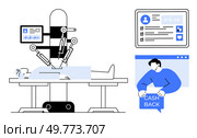 Robotic arms performing surgery on a patient, a medical monitor displaying vital signs, and a person showing a cashback notification. Ideal for healthcare, surgery, medical technology, finance. Advanced Robotic Surgery Monitoring with Cashback Incentive and Digital Interface. Стоковая иллюстрация, агентство Ingram Publishing / Фотобанк Лори