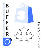 Vertical measuring tape with BUFFER, blue and white shopping bag, and outline of a maple leaf. Ideal for shopping, measurement, branding, design, and simplicity. Clean digital style. Measuring Tape with BUFFER Text, Shopping Bag, and Maple Leaf Drawing. Стоковая иллюстрация, агентство Ingram Publishing / Фотобанк Лори