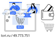 Online shopping concept with digital wallet, shopping cart and discount elements. Ideal for e-commerce, finance, digital payments, retail sales, customer rewards programs. Modern line art style. Online Shopping and Cashback Concept with a Digital Wallet and Shopping Cart. Стоковая иллюстрация, агентство Ingram Publishing / Фотобанк Лори