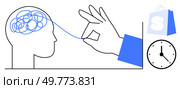 A hand untangles a line in a head symbolizing mental clarity, accompanied by a shopping bag and clock. Ideal for mental health, productivity, time management, shopping, and stress relief. Minimalist. Simplifying Mental Processes with Time Efficiency and Shopping. Стоковая иллюстрация, агентство Ingram Publishing / Фотобанк Лори