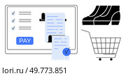 Shopping cart, receipt, and payment button on a screen with checkmarks. Ideal for e-commerce, online shopping, digital payments, retail, and order management. Clean and modern style. Online Shopping with Digital Receipts and Payment Confirmation. Стоковая иллюстрация, агентство Ingram Publishing / Фотобанк Лори